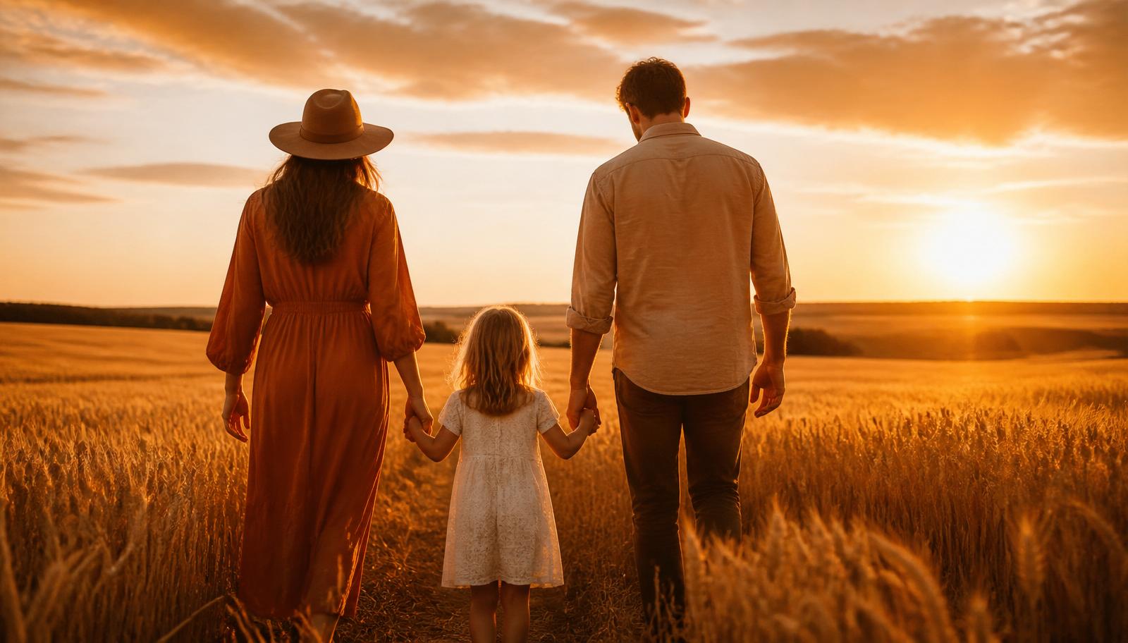 Família caminhando de mãos dadas no pôr do sol
