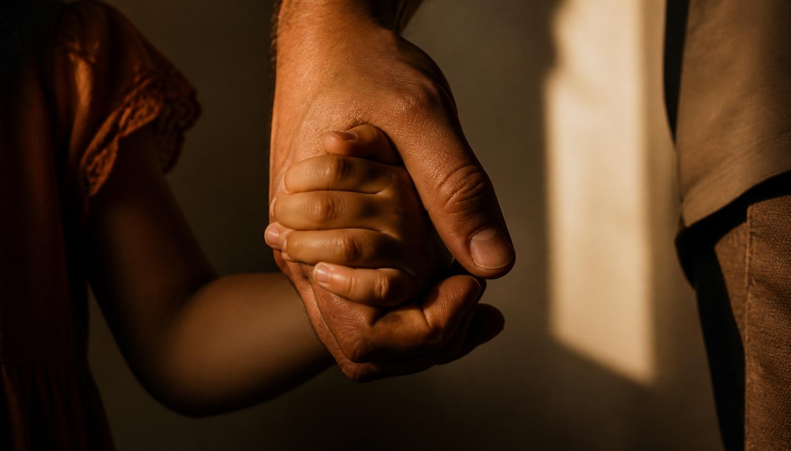 Mãos entrelaçadas de adulto e criança em luz cinematográfica